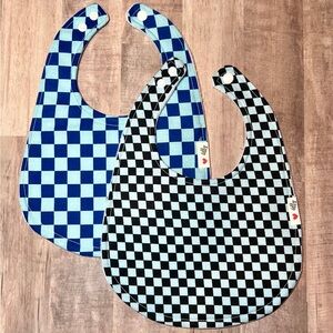 Checkerboard baby bibs, gender neutral gift blue black checked Handmade 2pc NEW